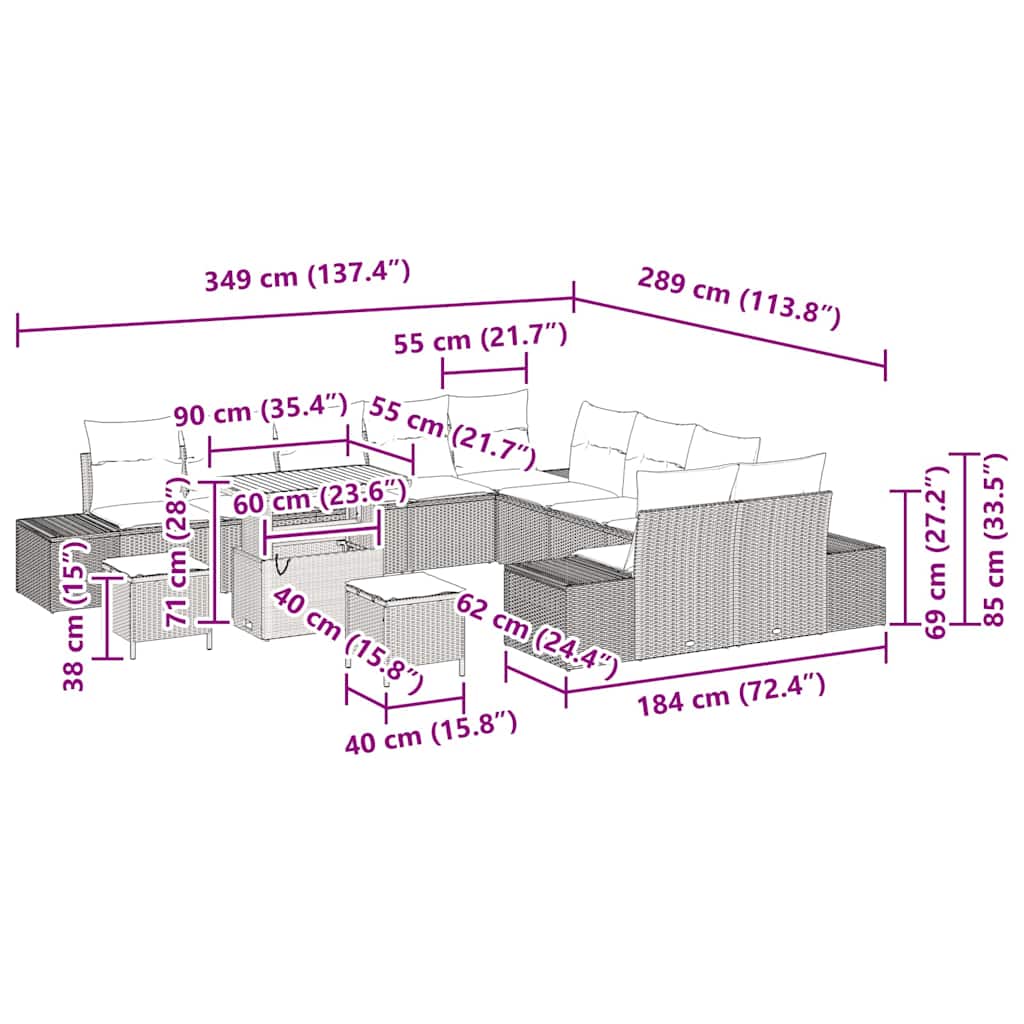 Garten-Sofa-Set mit Kissen 13 pcs Beige Poly Rattan
