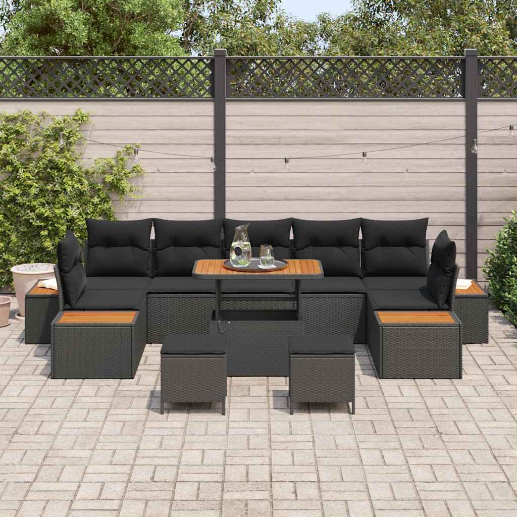 Garten-Sofa-Set mit Kissen 10 pcs Schwarz Poly Rattan