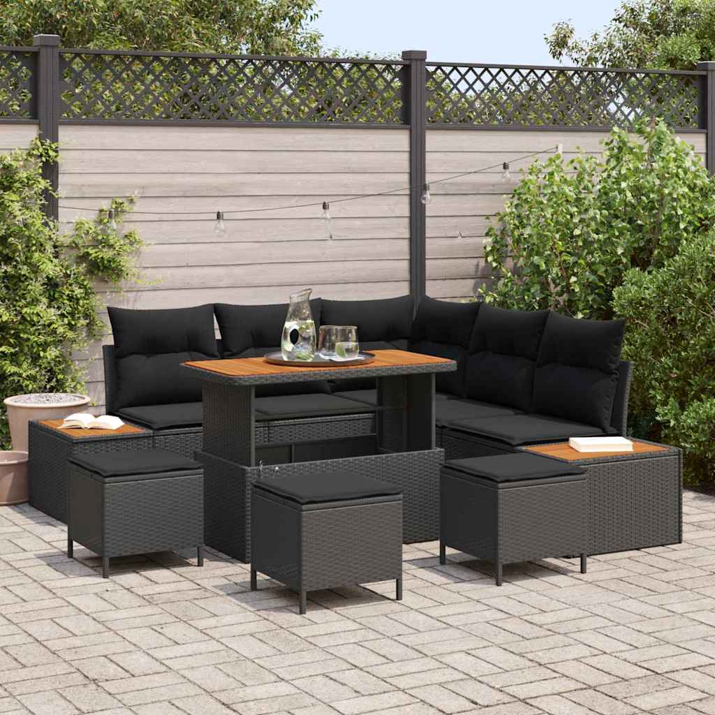 Garten-Sofa-Set mit Kissen 9 pcs Schwarz Poly Rattan