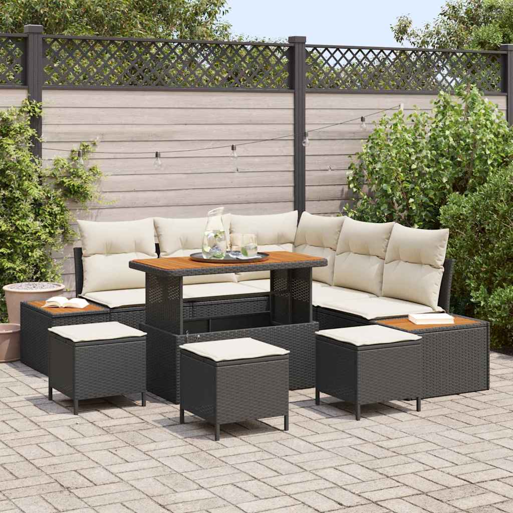 Garten-Sofa-Set mit Kissen 9 pcs Schwarz Poly Rattan