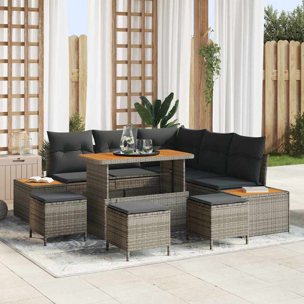 Garten-Sofa-Set mit Kissen 9 pcs Grau Poly Rattan