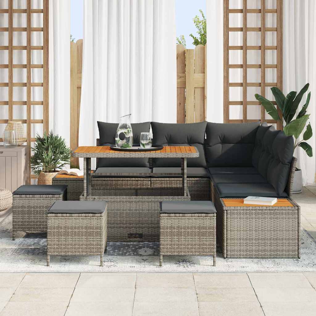 Garten-Sofa-Set mit Kissen 9 pcs Grau Poly Rattan