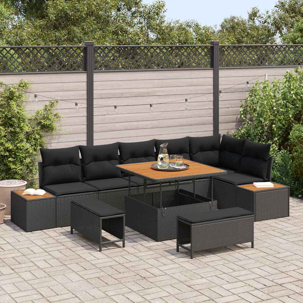 Garten-Sofa-Set mit Kissen 9 pcs Schwarz Poly Rattan