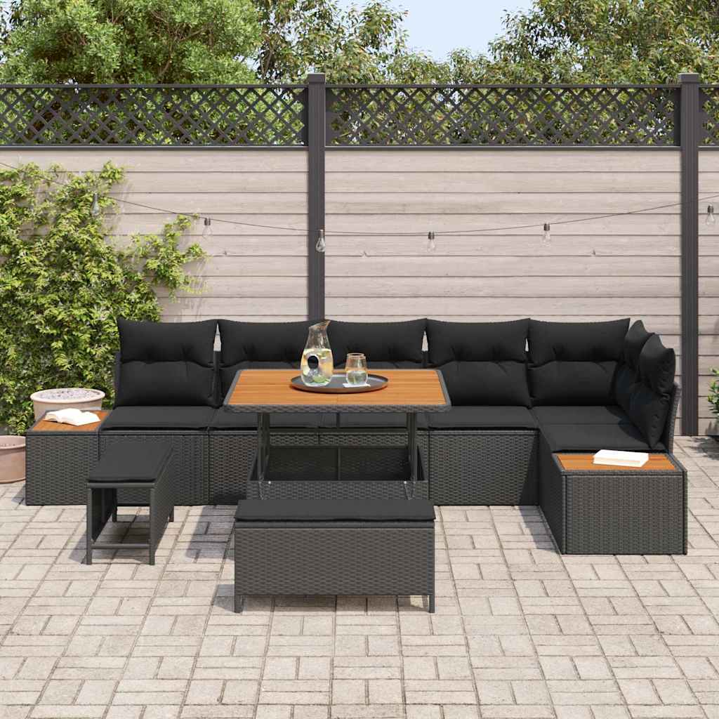 Garten-Sofa-Set mit Kissen 9 pcs Schwarz Poly Rattan