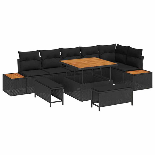 Garten-Sofa-Set mit Kissen 9 pcs Schwarz Poly Rattan
