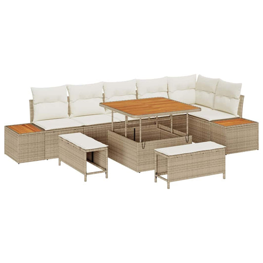 Garten-Sofa-Set mit Kissen 9 pcs Beige Poly Rattan
