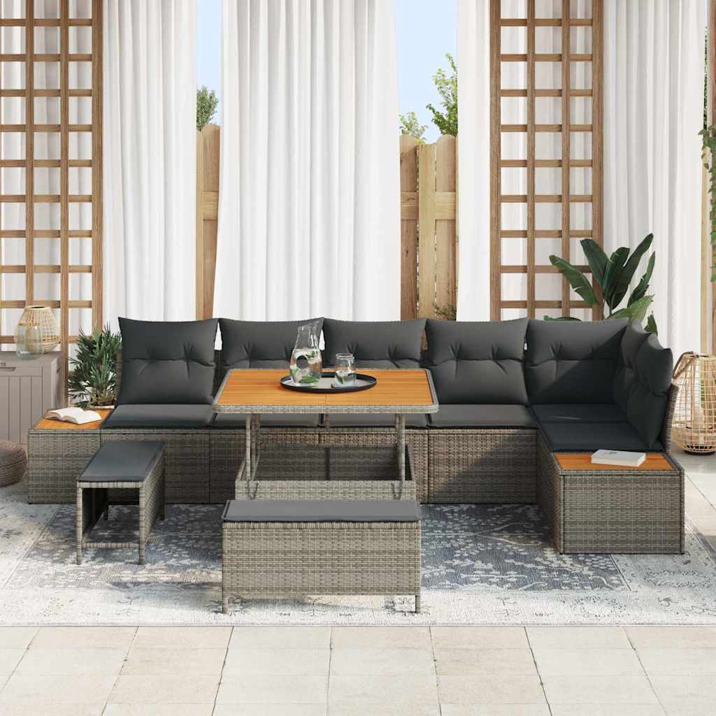 Garten-Sofa-Set mit Kissen 9 pcs Grau Poly Rattan