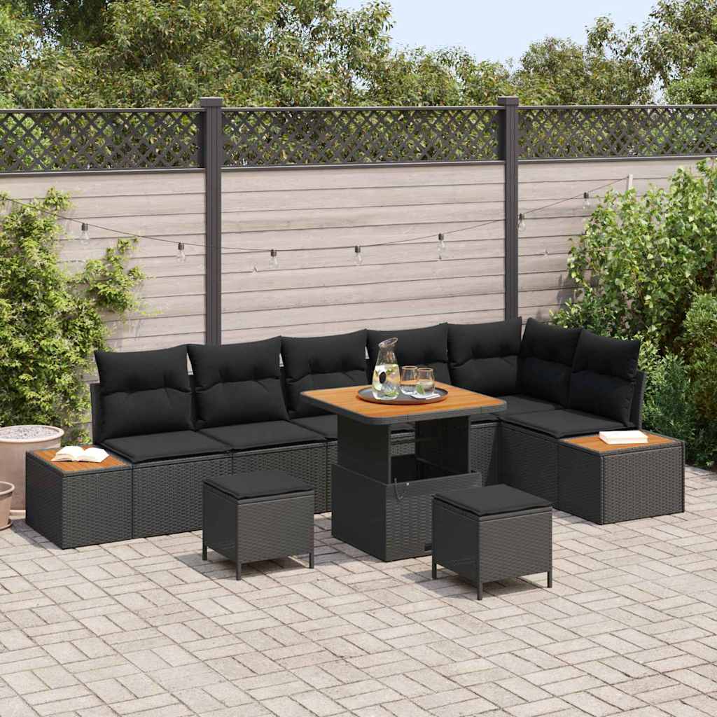 Garten-Sofa-Set mit Kissen 9 pcs Schwarz Poly Rattan
