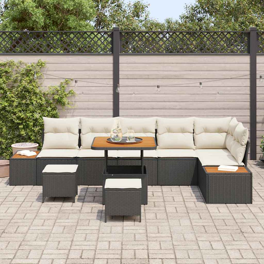 Garten-Sofa-Set mit Kissen 9 pcs Schwarz Poly Rattan