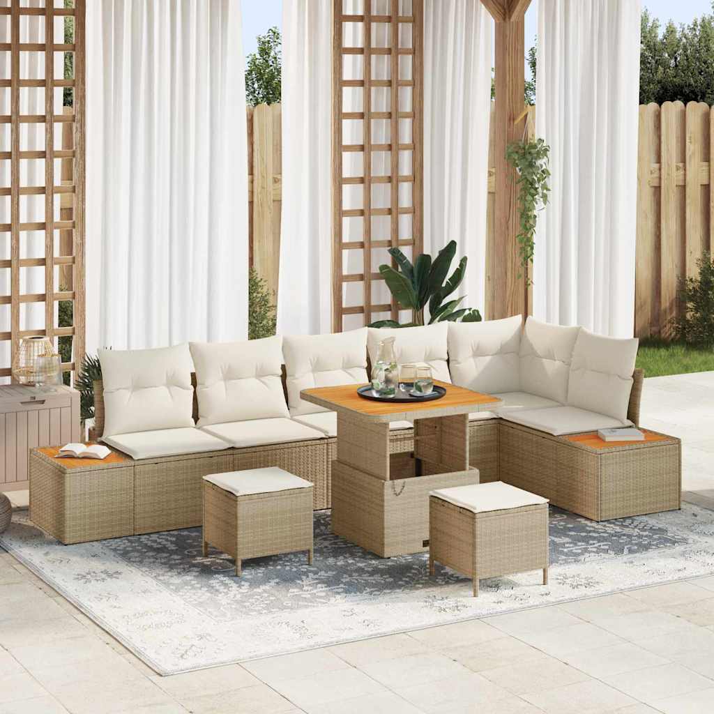 Garten-Sofa-Set mit Kissen 9 pcs Beige Poly Rattan