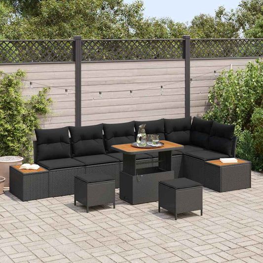 Garten-Sofa-Set mit Kissen 9 pcs Schwarz Poly Rattan