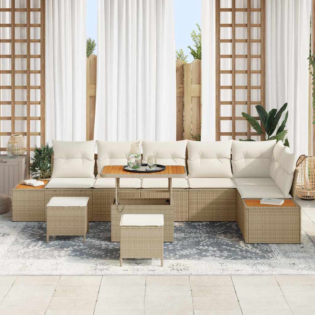 Garten-Sofa-Set mit Kissen 9 pcs Beige Poly Rattan