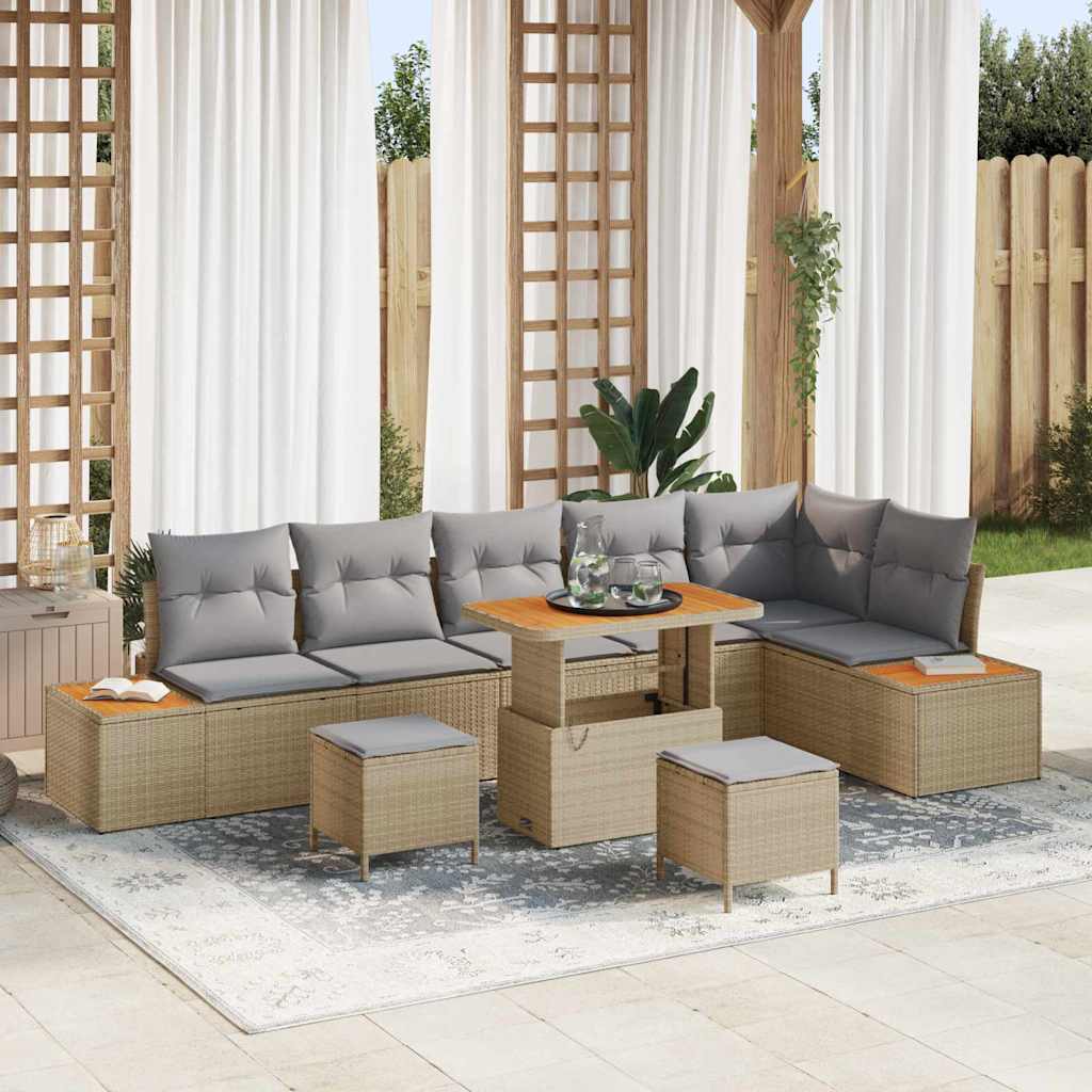 Garten-Sofa-Set mit Kissen 9 pcs Beige Poly Rattan