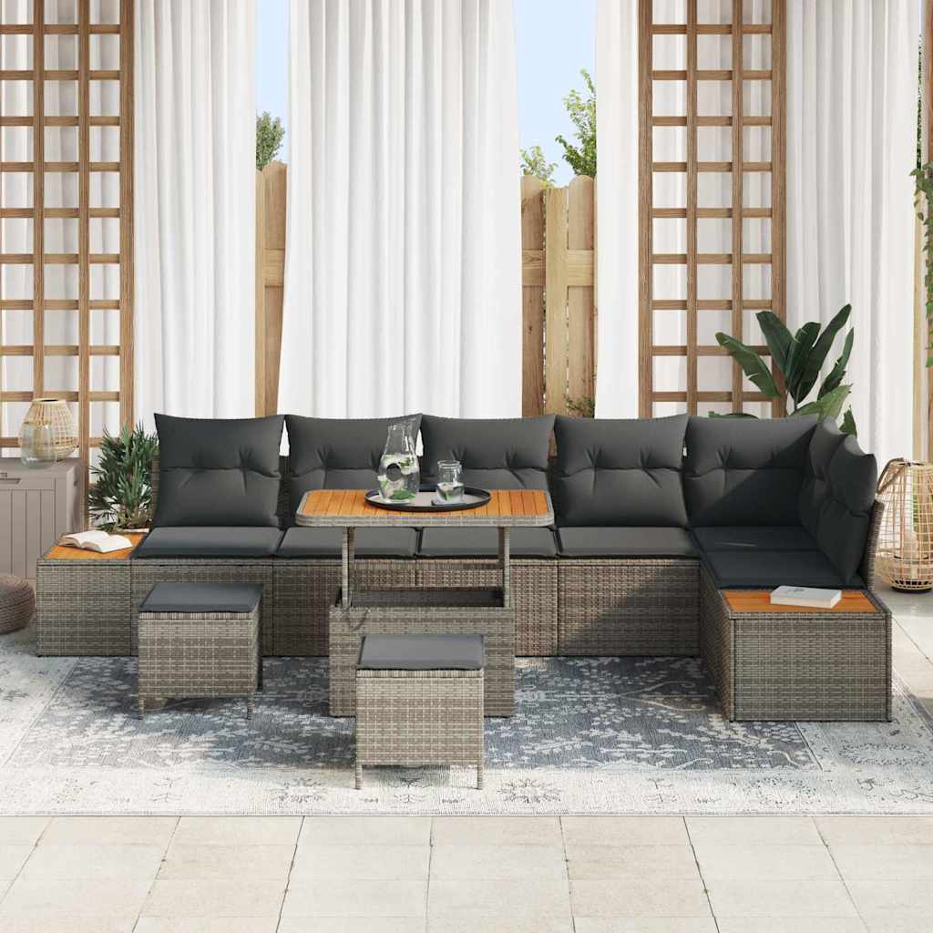 Garten-Sofa-Set mit Kissen 9 pcs Grau Poly Rattan