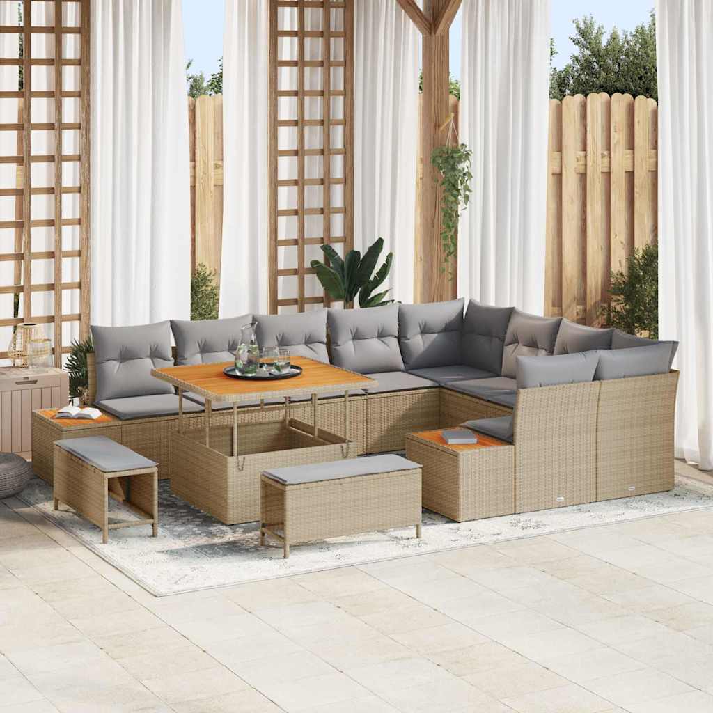 Garten-Sofa-Set mit Kissen 12 pcs Beige Poly Rattan
