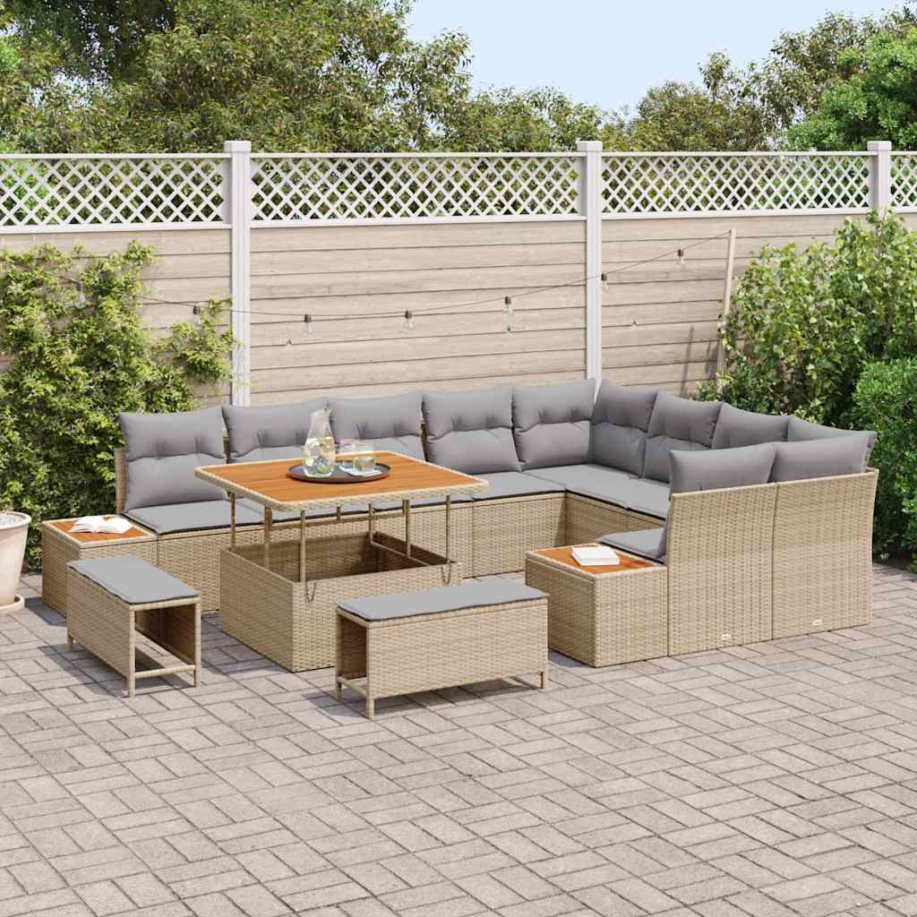 Garten-Sofa-Set mit Kissen 12 pcs Beige Poly Rattan