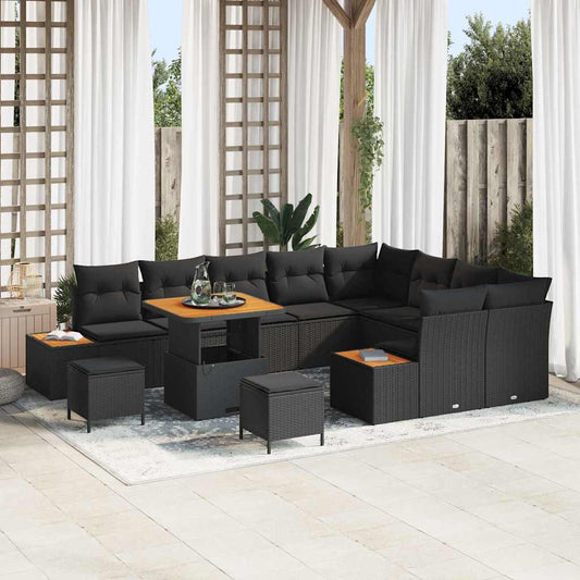 Garten-Sofa-Set mit Kissen 12 pcs Schwarz Poly Rattan
