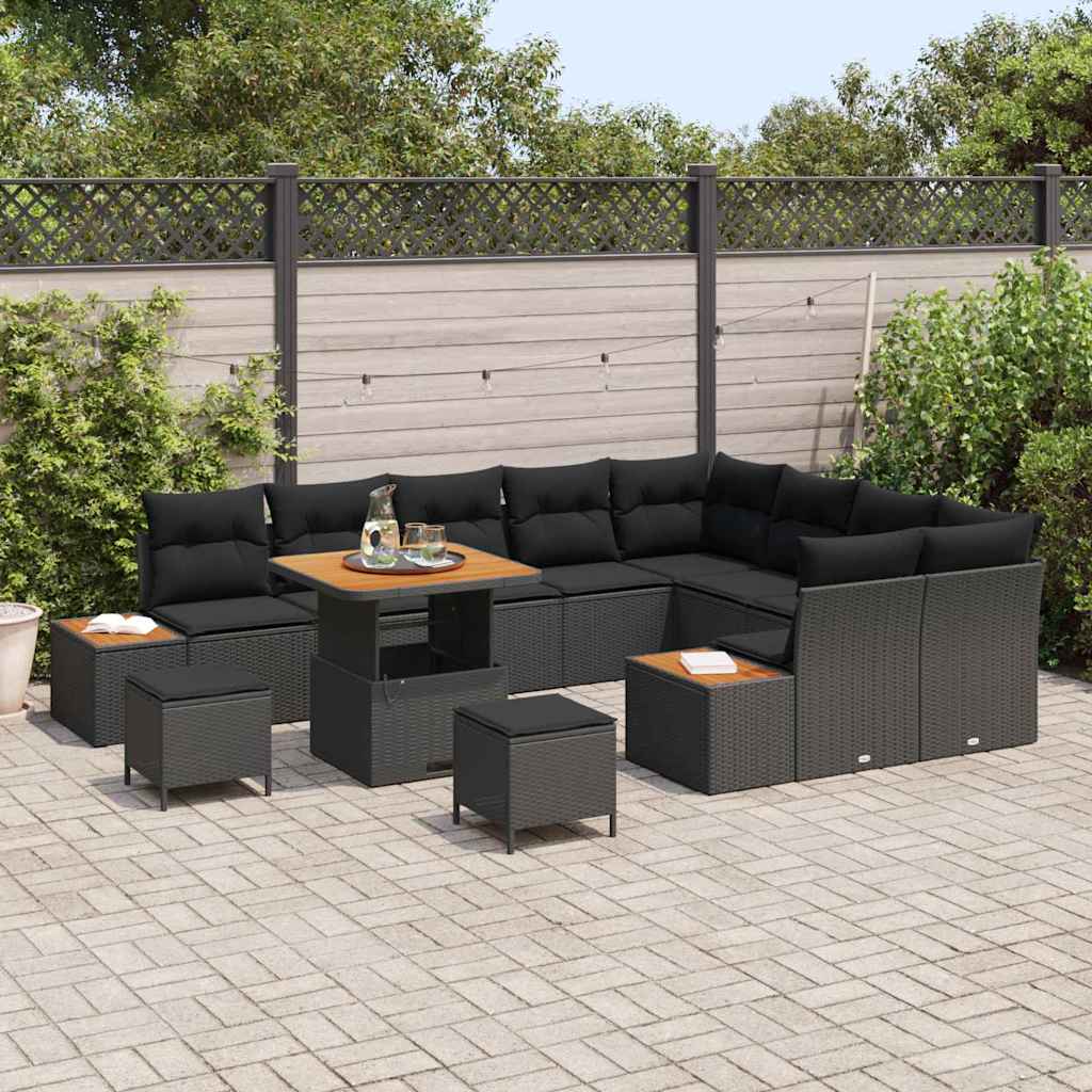 Garten-Sofa-Set mit Kissen 12 pcs Schwarz Poly Rattan