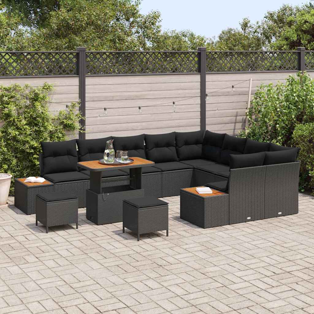 Garten-Sofa-Set mit Kissen 12 pcs Schwarz Poly Rattan