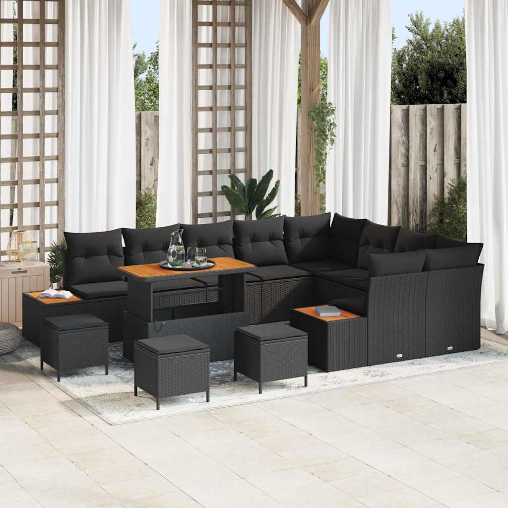 Garten-Sofa-Set mit Kissen 13 pcs Schwarz Poly Rattan