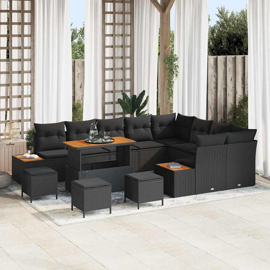 Garten-Sofa-Set mit Kissen 13 pcs Schwarz Poly Rattan