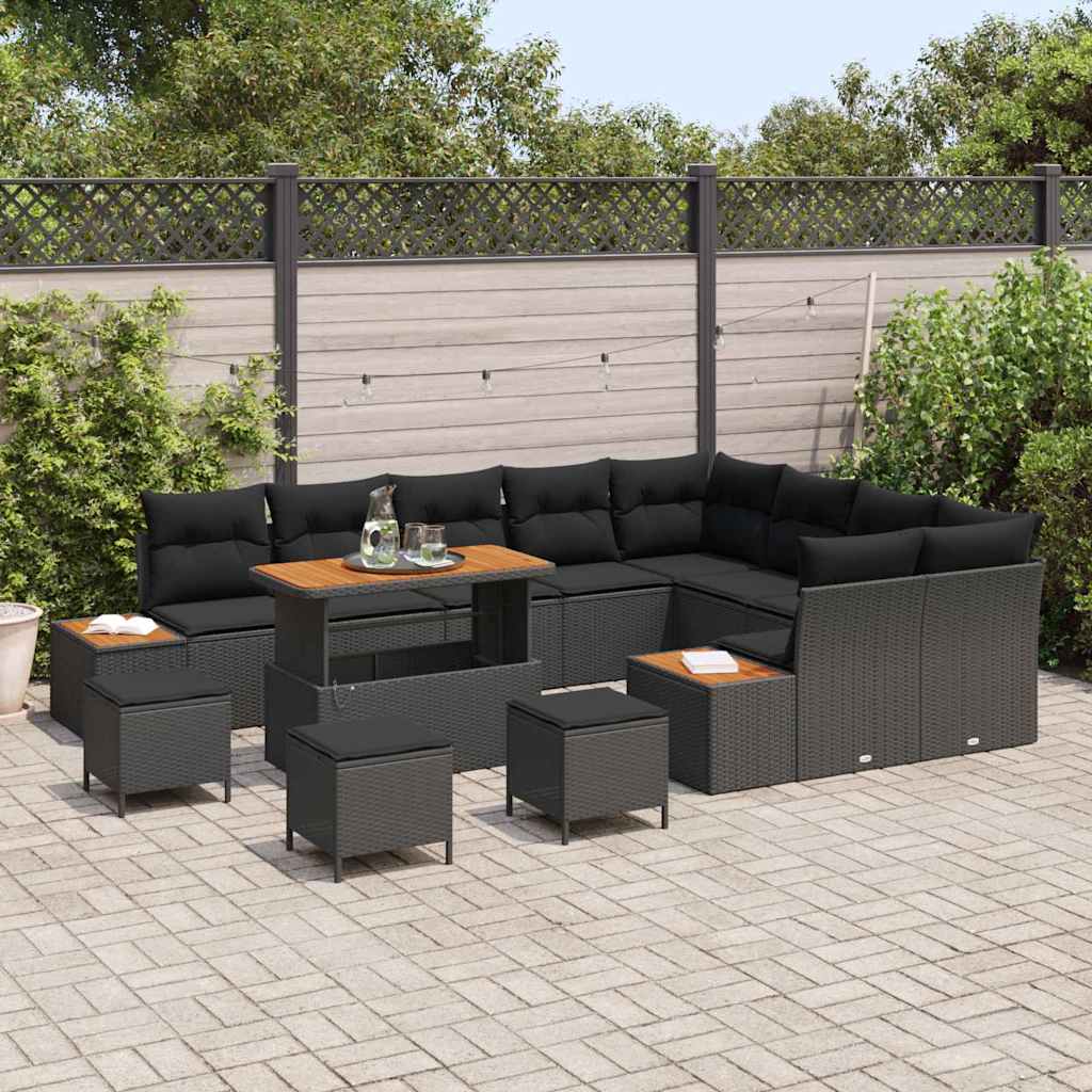 Garten-Sofa-Set mit Kissen 13 pcs Schwarz Poly Rattan