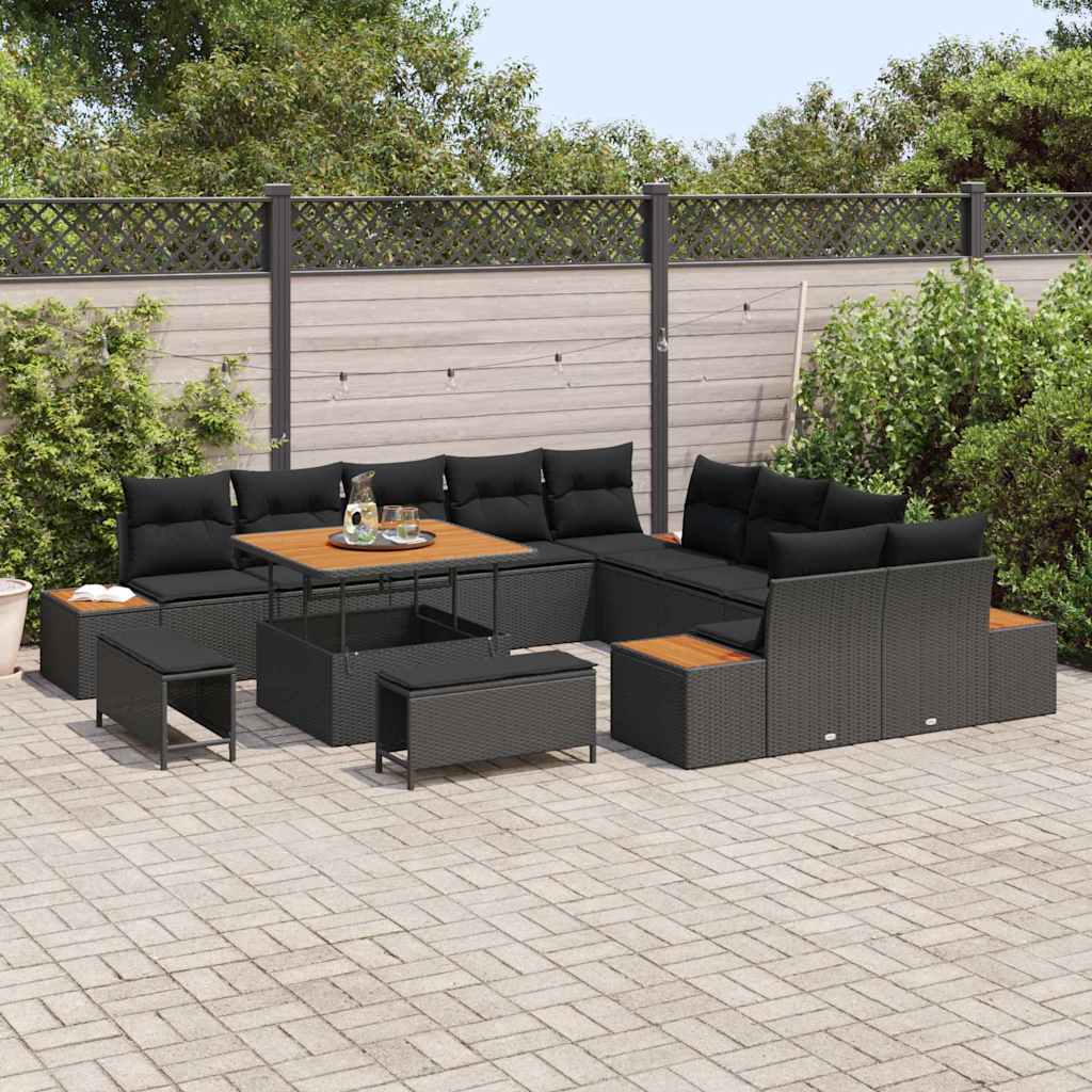 Garten-Sofa-Set mit Kissen 13 pcs Schwarz Poly Rattan