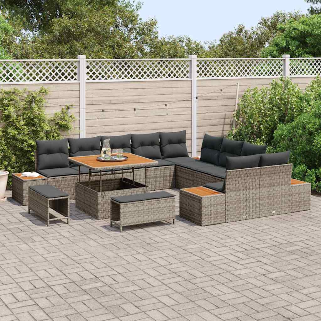 Garten-Sofa-Set mit Kissen 13 pcs Grau Poly Rattan