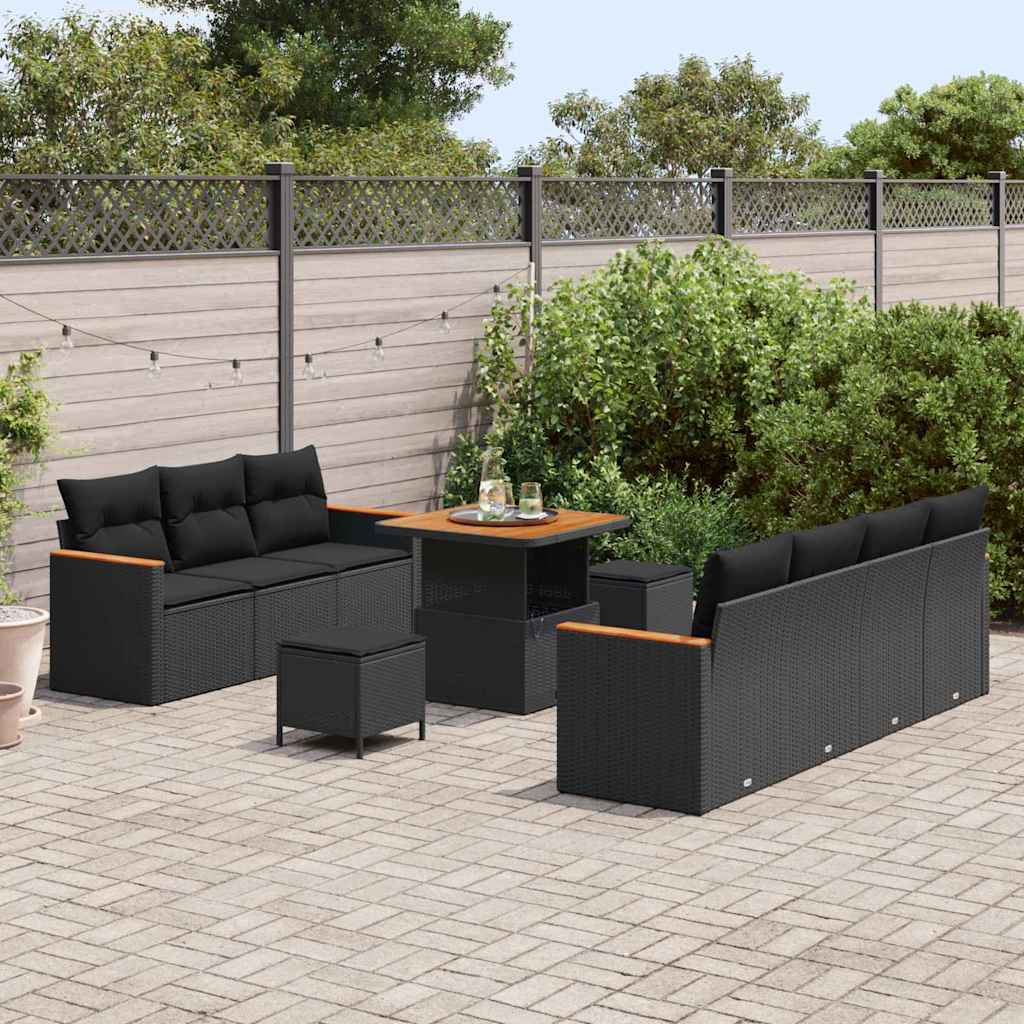 Garten-Sofa-Set mit Kissen 10 pcs Schwarz Poly Rattan