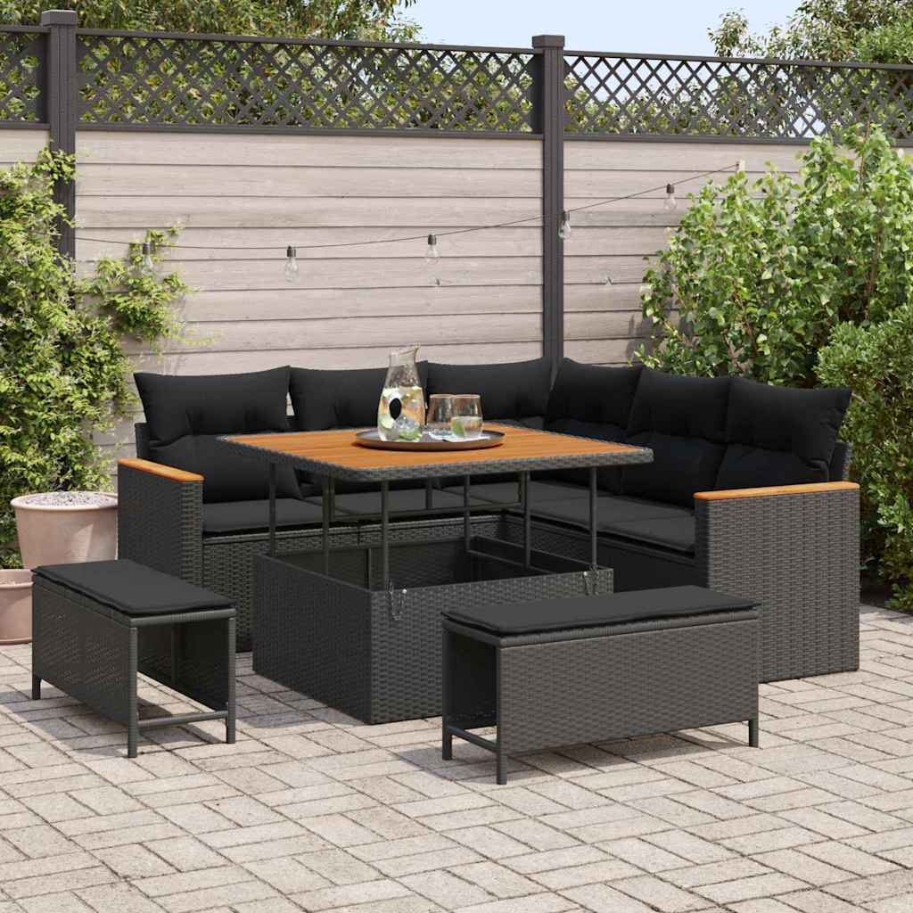 Garten-Sofa-Set mit Kissen 8 pcs Schwarz Poly Rattan