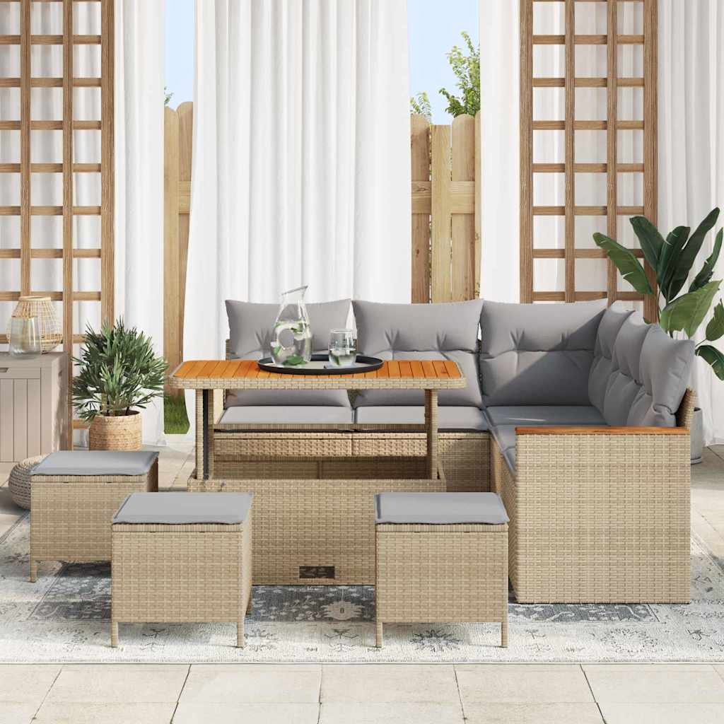 Garten-Sofa-Set mit Kissen 9 pcs Beige Poly Rattan