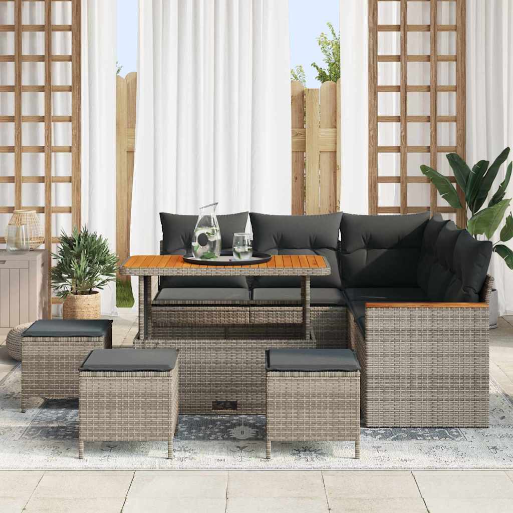 Garten-Sofa-Set mit Kissen 9 pcs Grau Poly Rattan