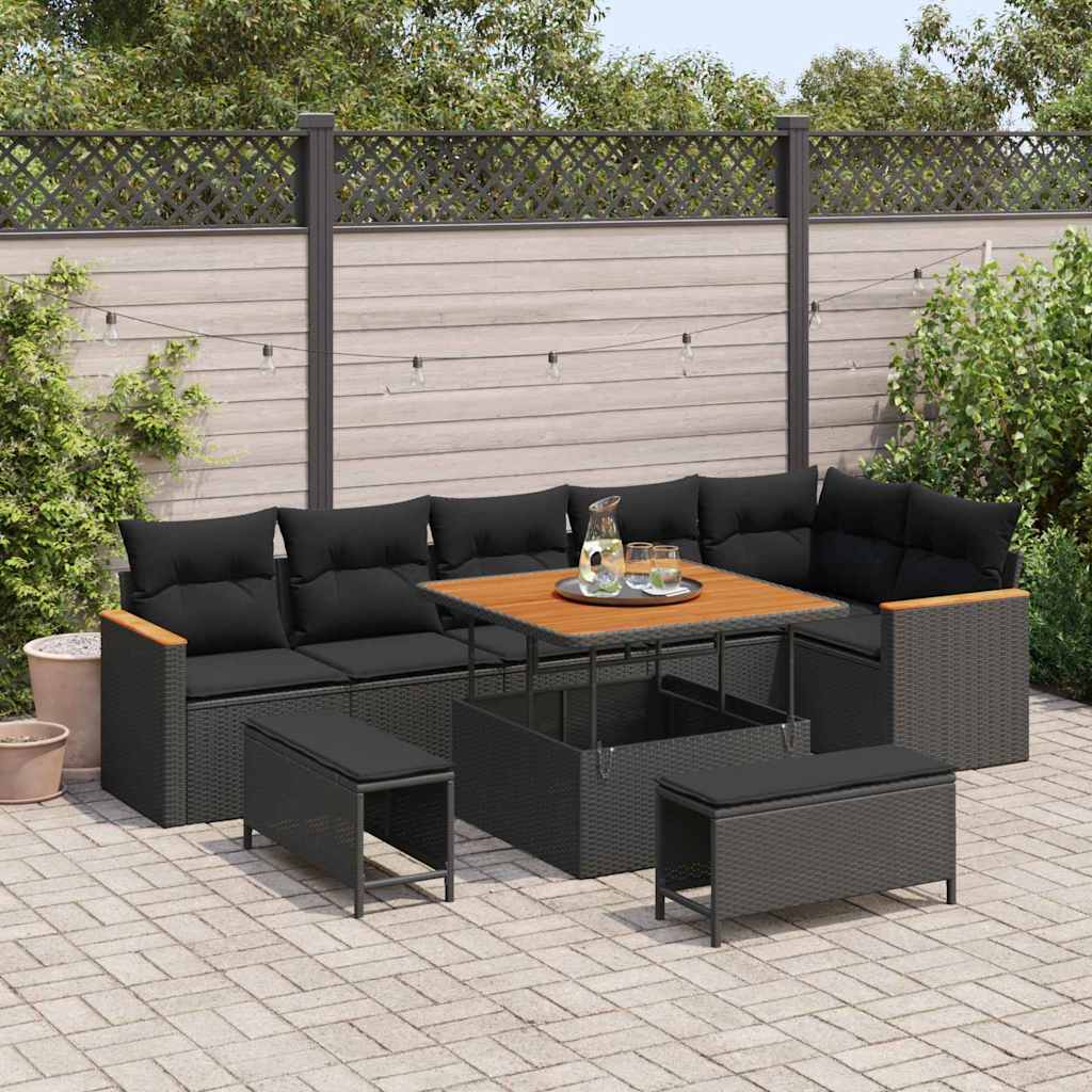 Garten-Sofa-Set mit Kissen 9 pcs Schwarz Poly Rattan