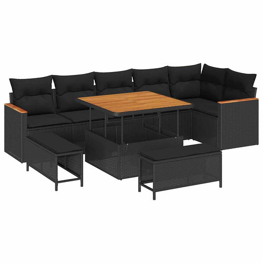 Garten-Sofa-Set mit Kissen 9 pcs Schwarz Poly Rattan
