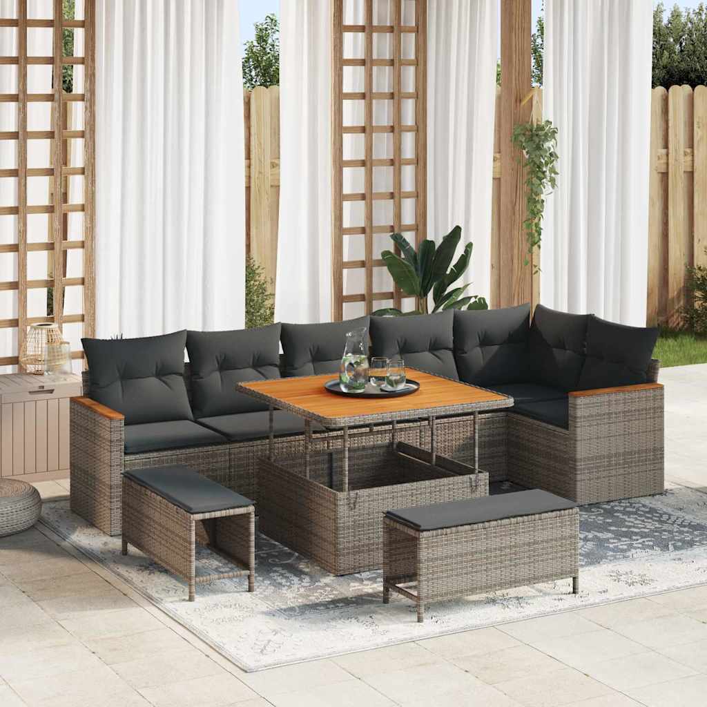 Garten-Sofa-Set mit Kissen 9 pcs Grau Poly Rattan