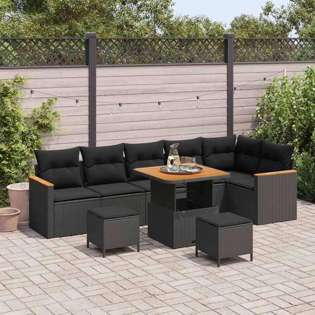 Garten-Sofa-Set mit Kissen 9 pcs Schwarz Poly Rattan