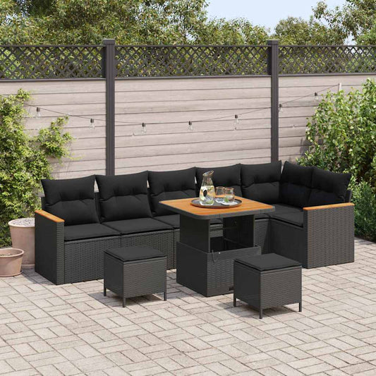 Garten-Sofa-Set mit Kissen 9 pcs Schwarz Poly Rattan