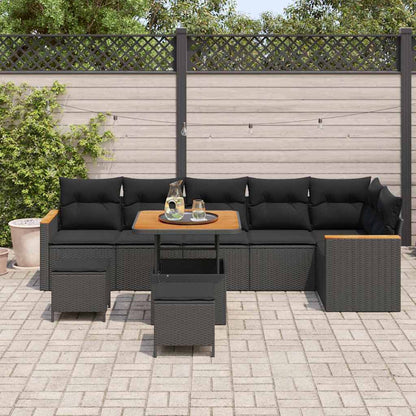 Garten-Sofa-Set mit Kissen 9 pcs Schwarz Poly Rattan