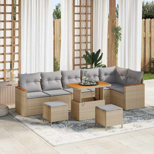 Garten-Sofa-Set mit Kissen 9 pcs Beige Poly Rattan