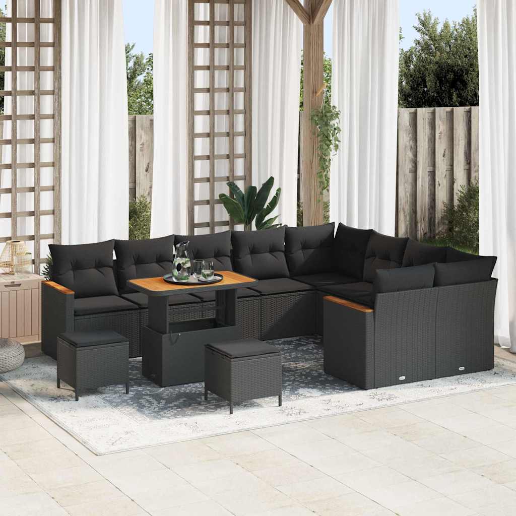 Garten-Sofa-Set mit Kissen 12 pcs Schwarz Poly Rattan