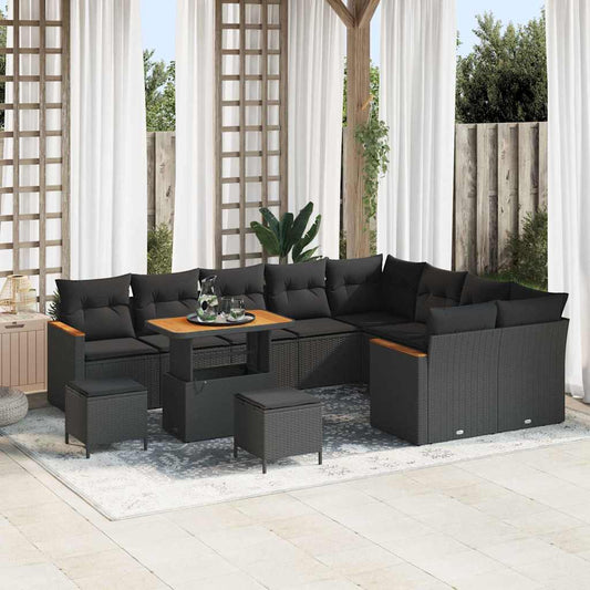 Garten-Sofa-Set mit Kissen 12 pcs Schwarz Poly Rattan