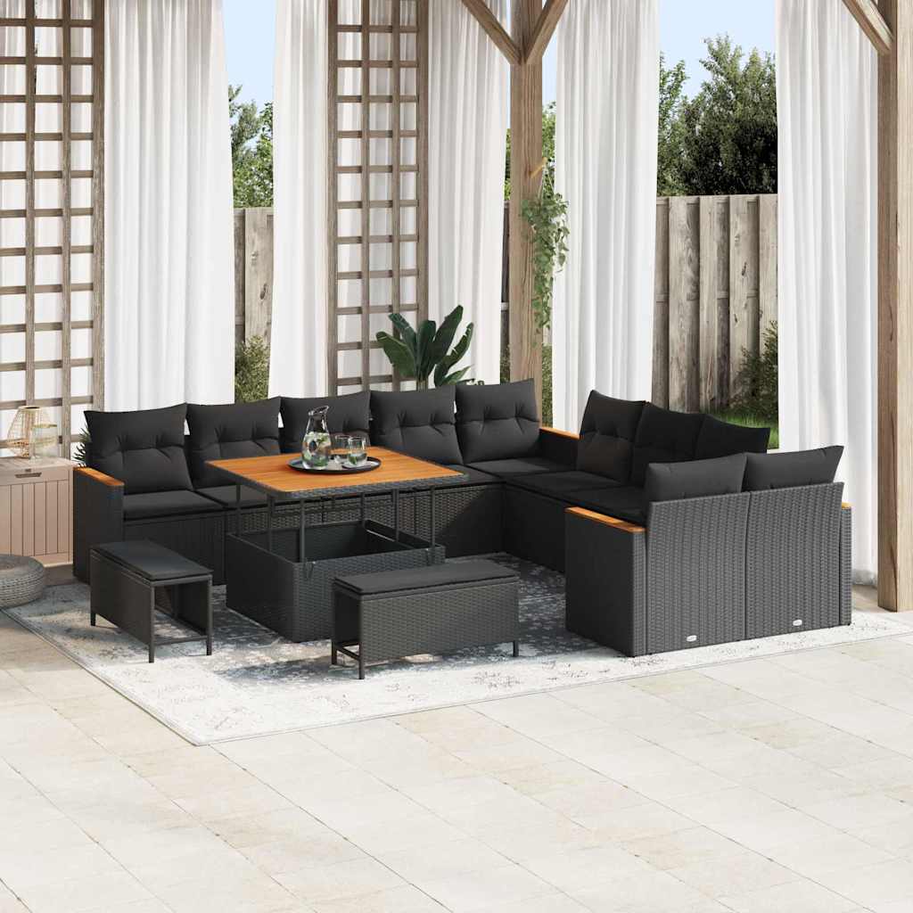 Garten-Sofa-Set mit Kissen 13 pcs Schwarz Poly Rattan