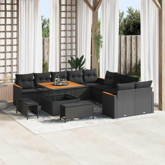 Garten-Sofa-Set mit Kissen 13 pcs Schwarz Poly Rattan