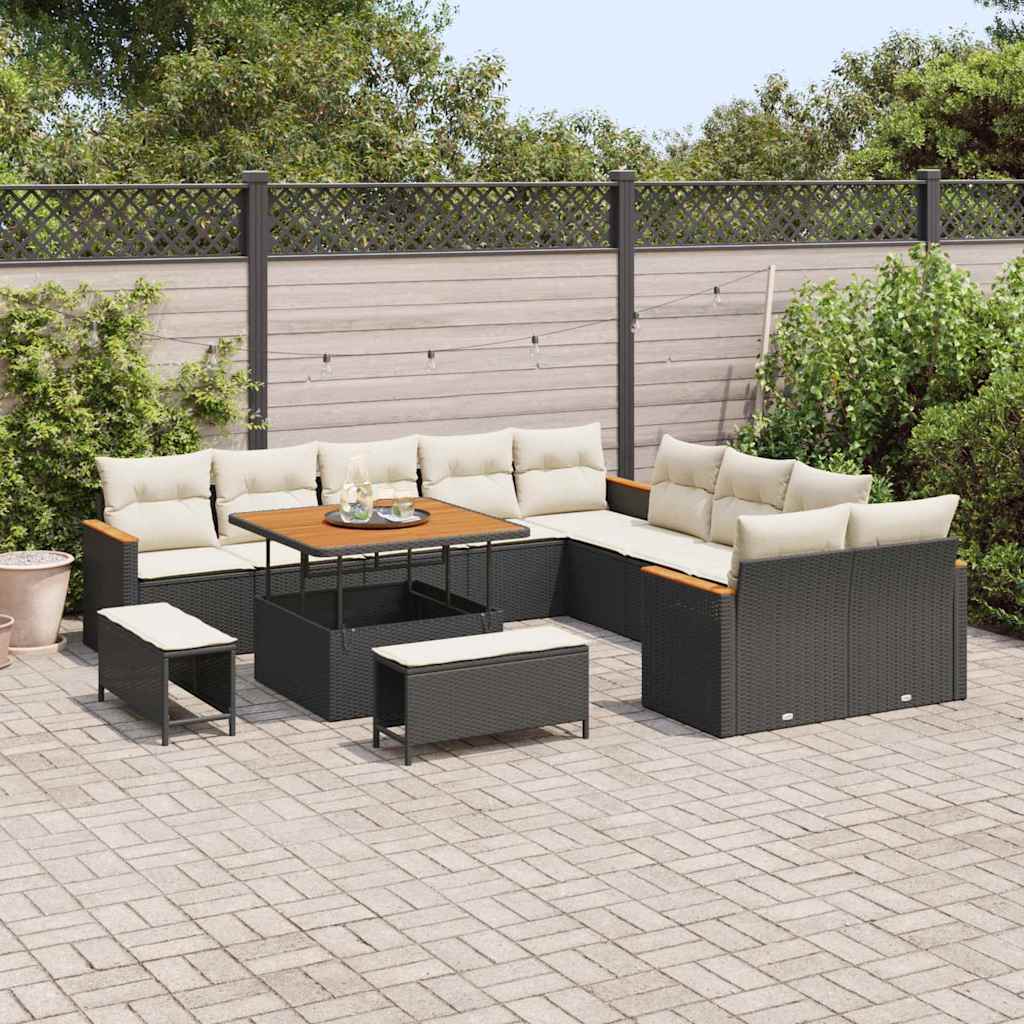 Garten-Sofa-Set mit Kissen 13 pcs Schwarz Poly Rattan