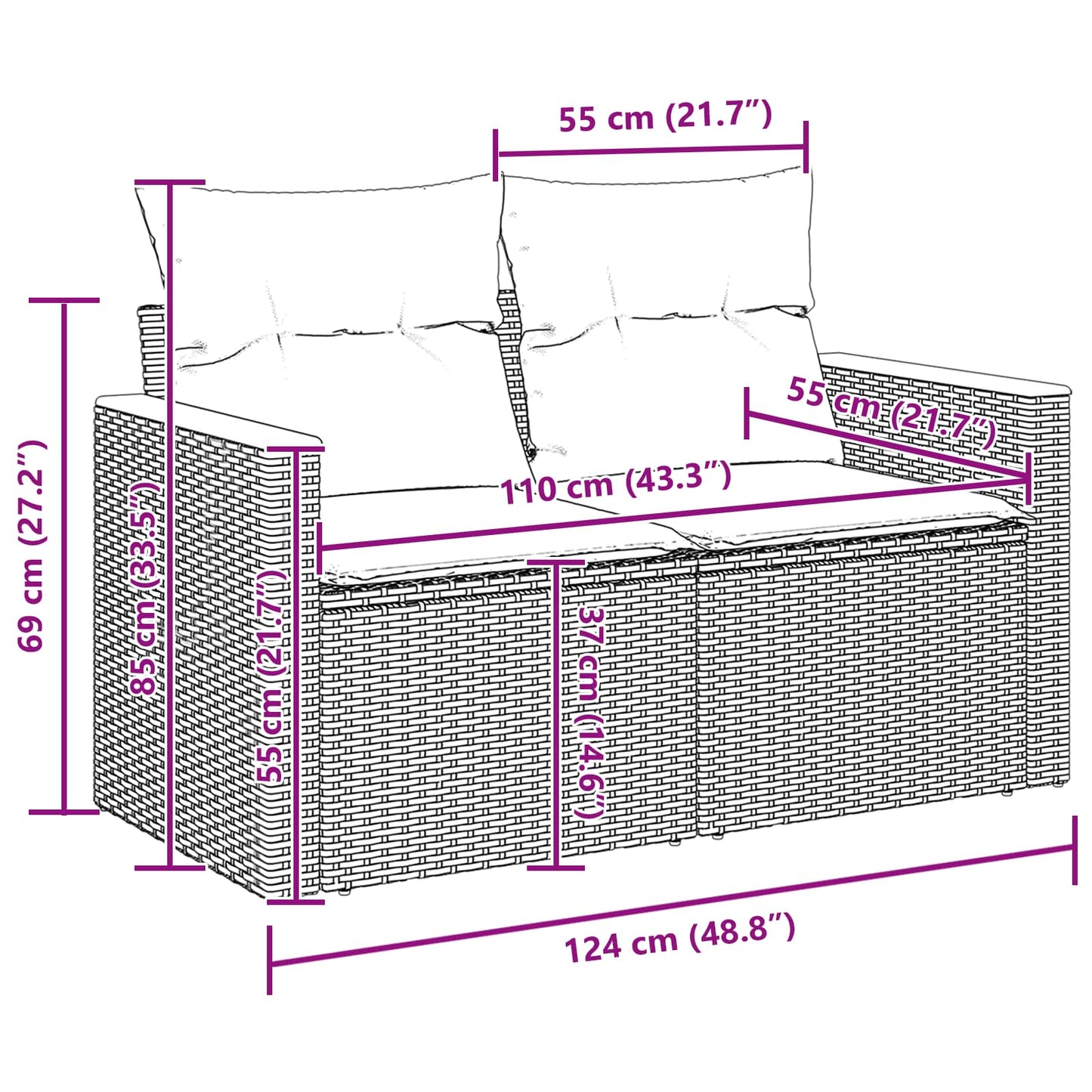 Garten-Sofa-Set mit Kissen 14 pcs Schwarz Poly Rattan