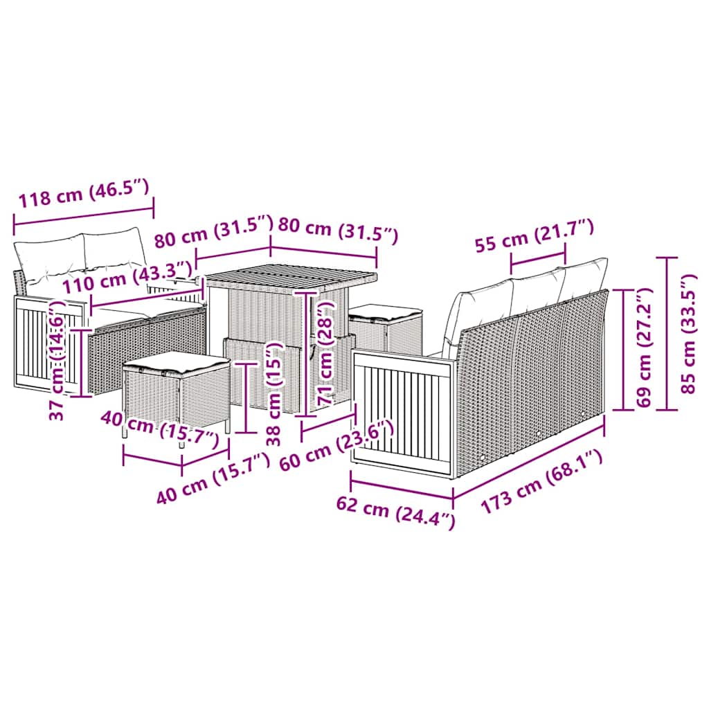 Garten-Sofa-Set 8 pcs Schwarz und Creme 80 x 80 x 71 cm