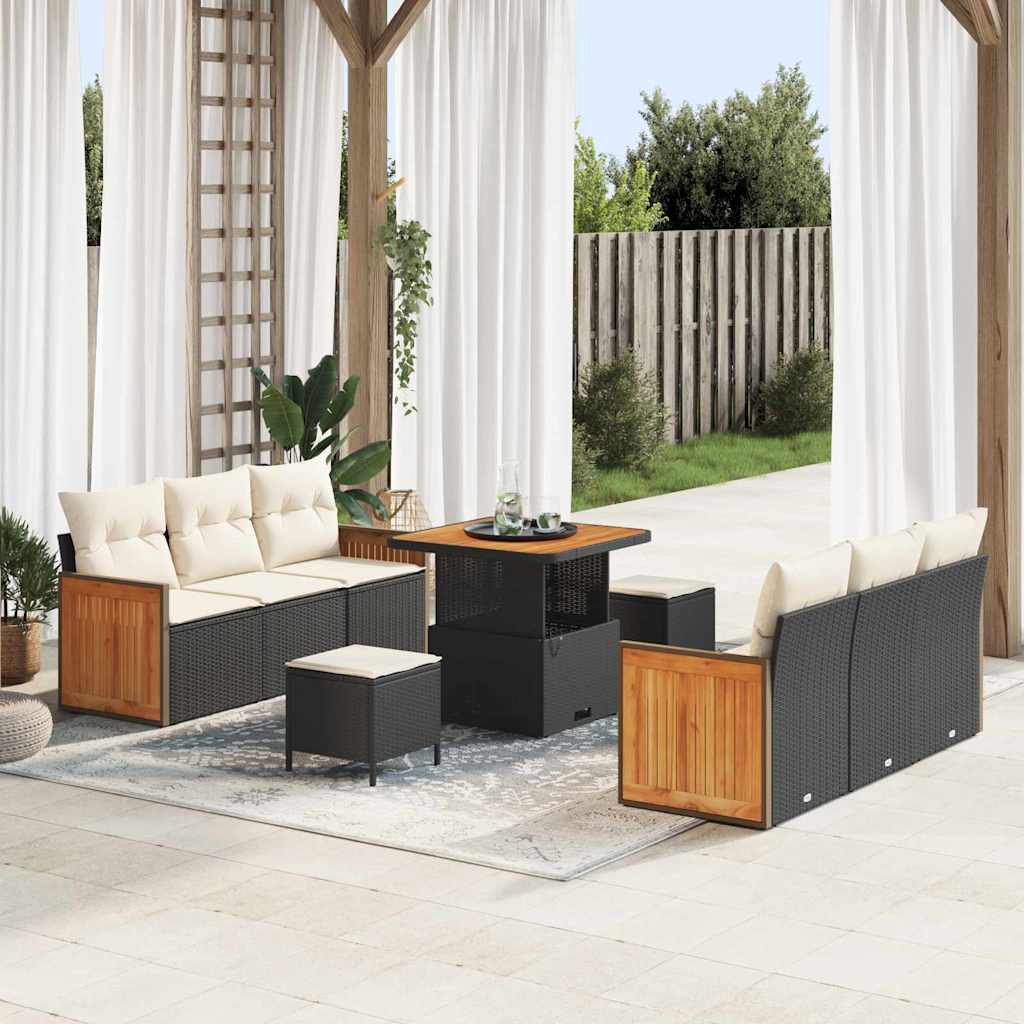 Garten-Sofa-Set mit Kissen 9 pcs Schwarz und Creme
