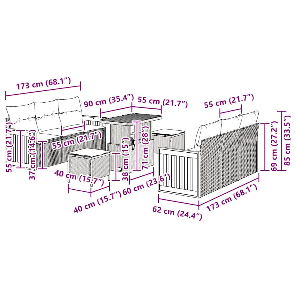 Garten-Sofa-Set mit Kissen 9 pcs Grau 90 x 55 x 71 cm