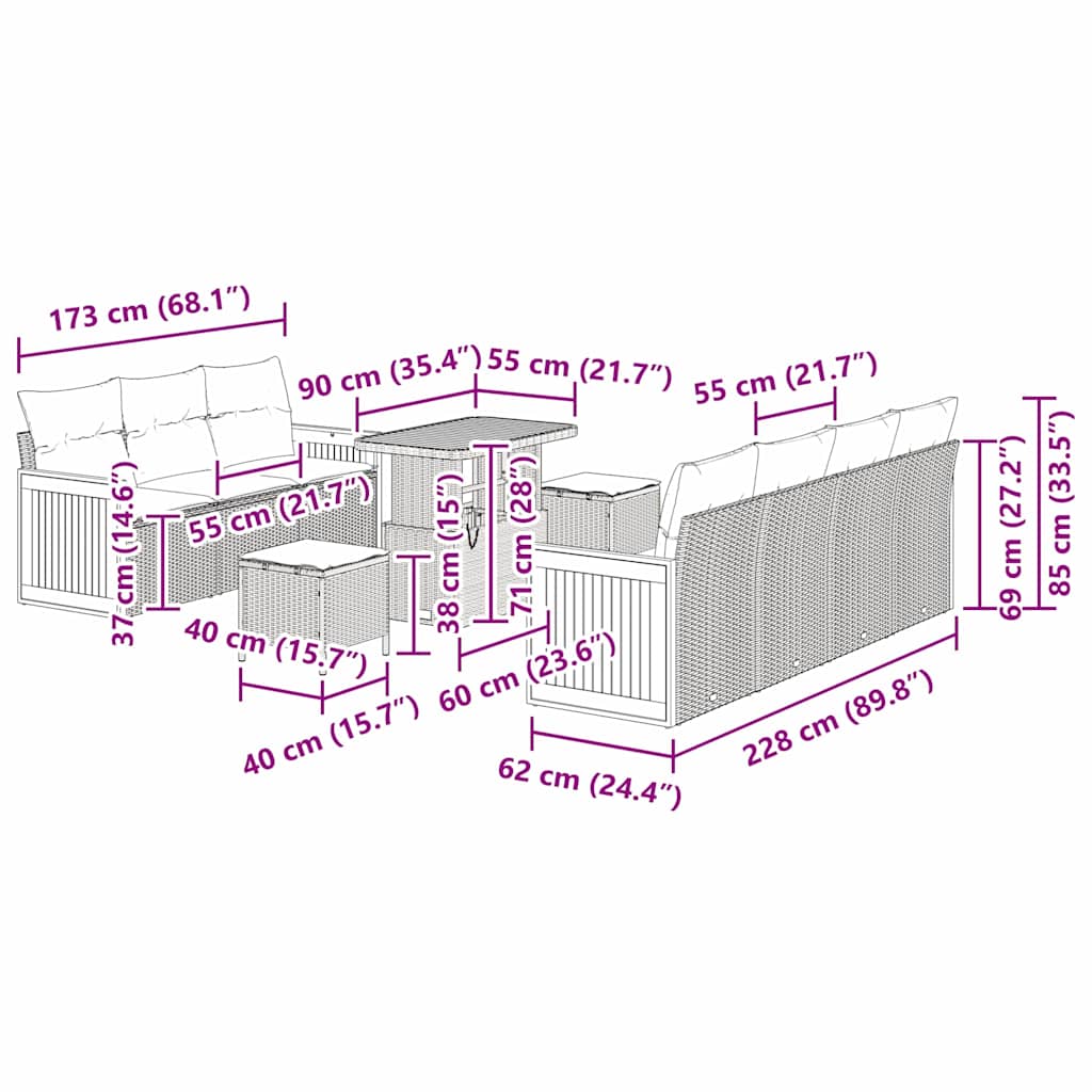 Garten-Sofa-Set mit Kissen 10 pcs Grau 90 x 55 x 71 cm