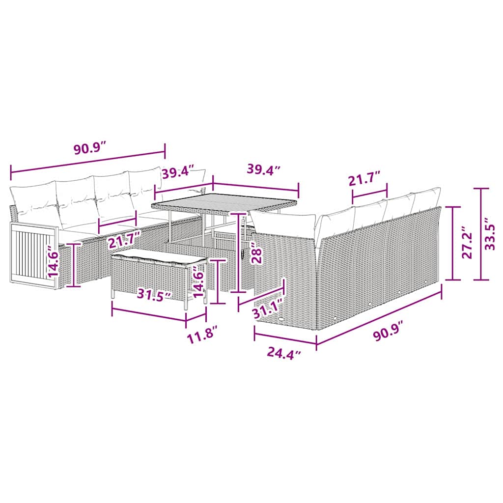 Garten-Sofa-Set mit Kissen 11 pcs Schwarz 100 x 100 x 71 cm